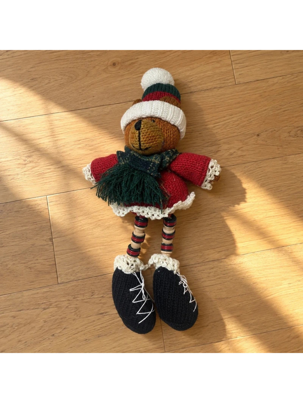 Vintage Christmas Teddy Bear Shelf Sitter Dangling Legs Knit Holiday Decor